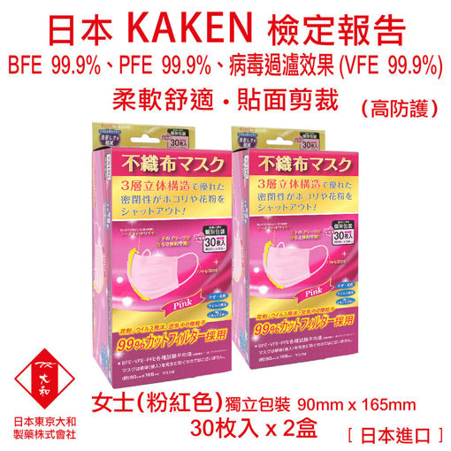 圖片 日本東京大和 - 口罩 女仕用 醫用口罩 日本進口 BFE+ PFE + VEF 99.9% 三層立體不織布口罩 (粉紅色)(2盒)(30個/盒)